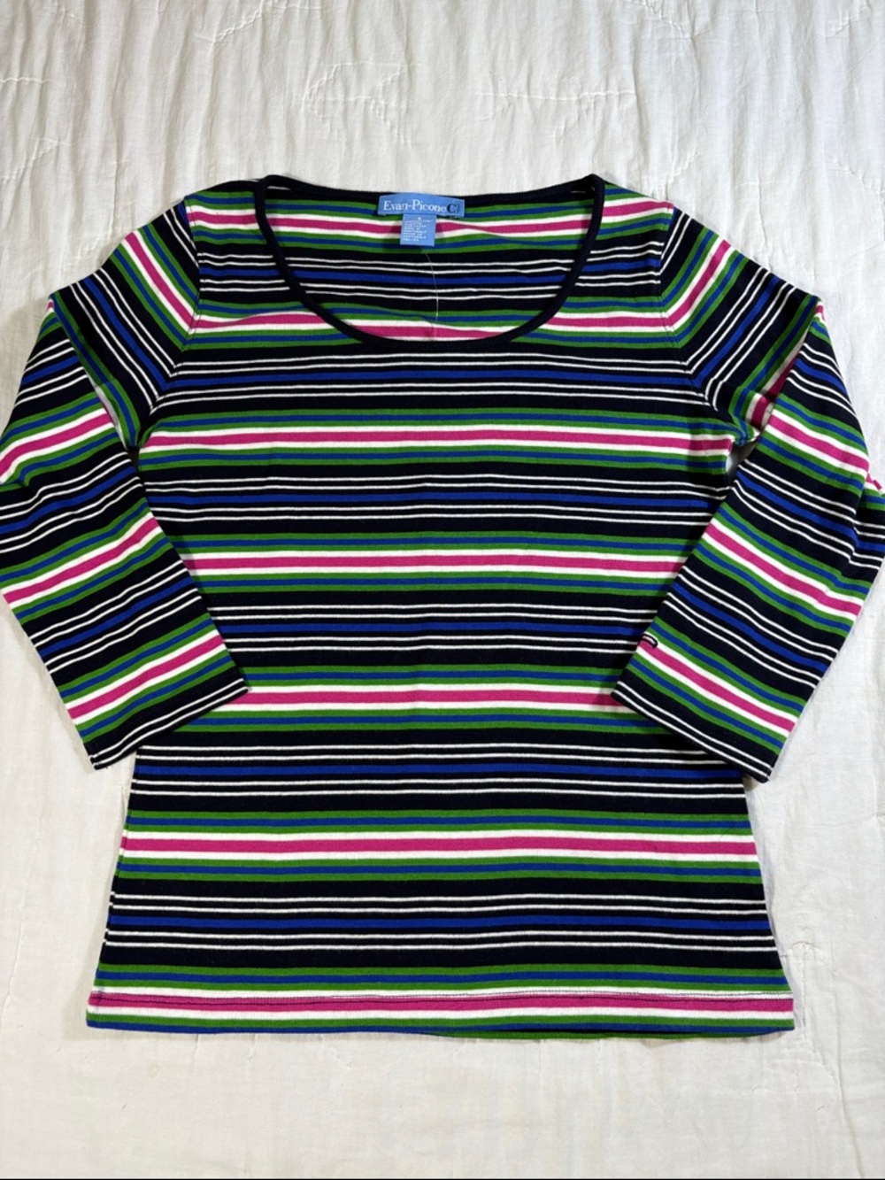 NWT 90s Evan-Picone Casual Striped Cotton Top Navy Blue Green Pink Small